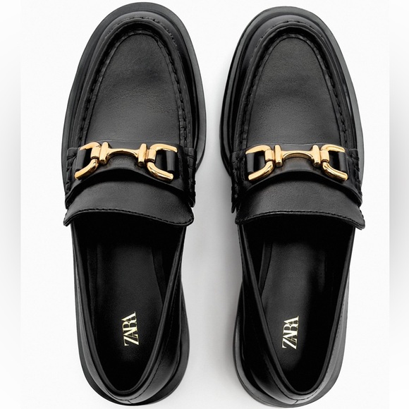 Lug Sole Black Leather Loafers with gold metal detail - Picture 1 of 13